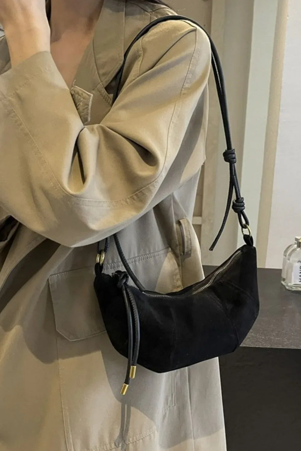 PU Leather Strap Suede Shoulder Bag - Makw Official Site