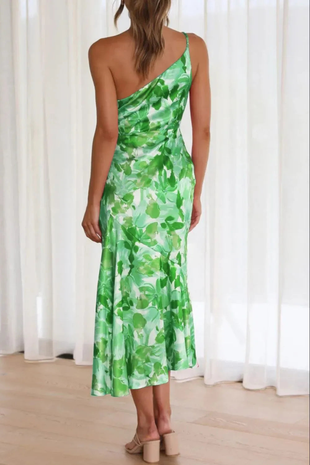 Ruched Printed Single Shoulder Midi Dress - Makw Official Site