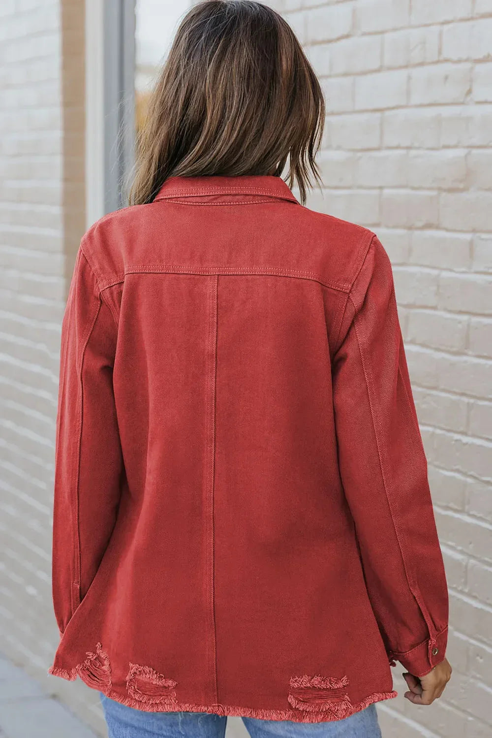 Distressed Raw Hem Snap Down Denim Jacket - Makw Official Site