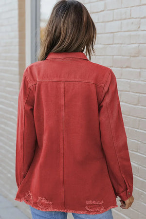 Distressed Raw Hem Snap Down Denim Jacket - Makw Official Site