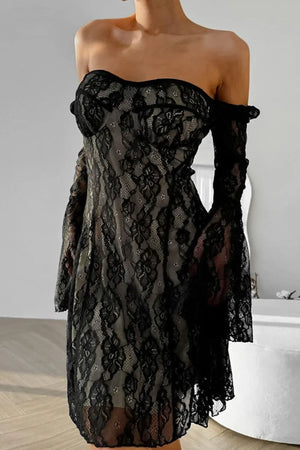 Lace Sweetheart Neck Flare Sleeve Mini Dress - Makw Official Site