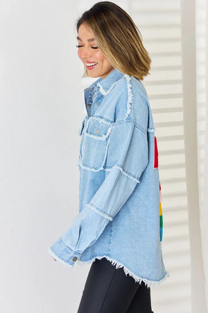 PEACE Raw Hem Dropped Shoulder Denim Top - Makw Official Site