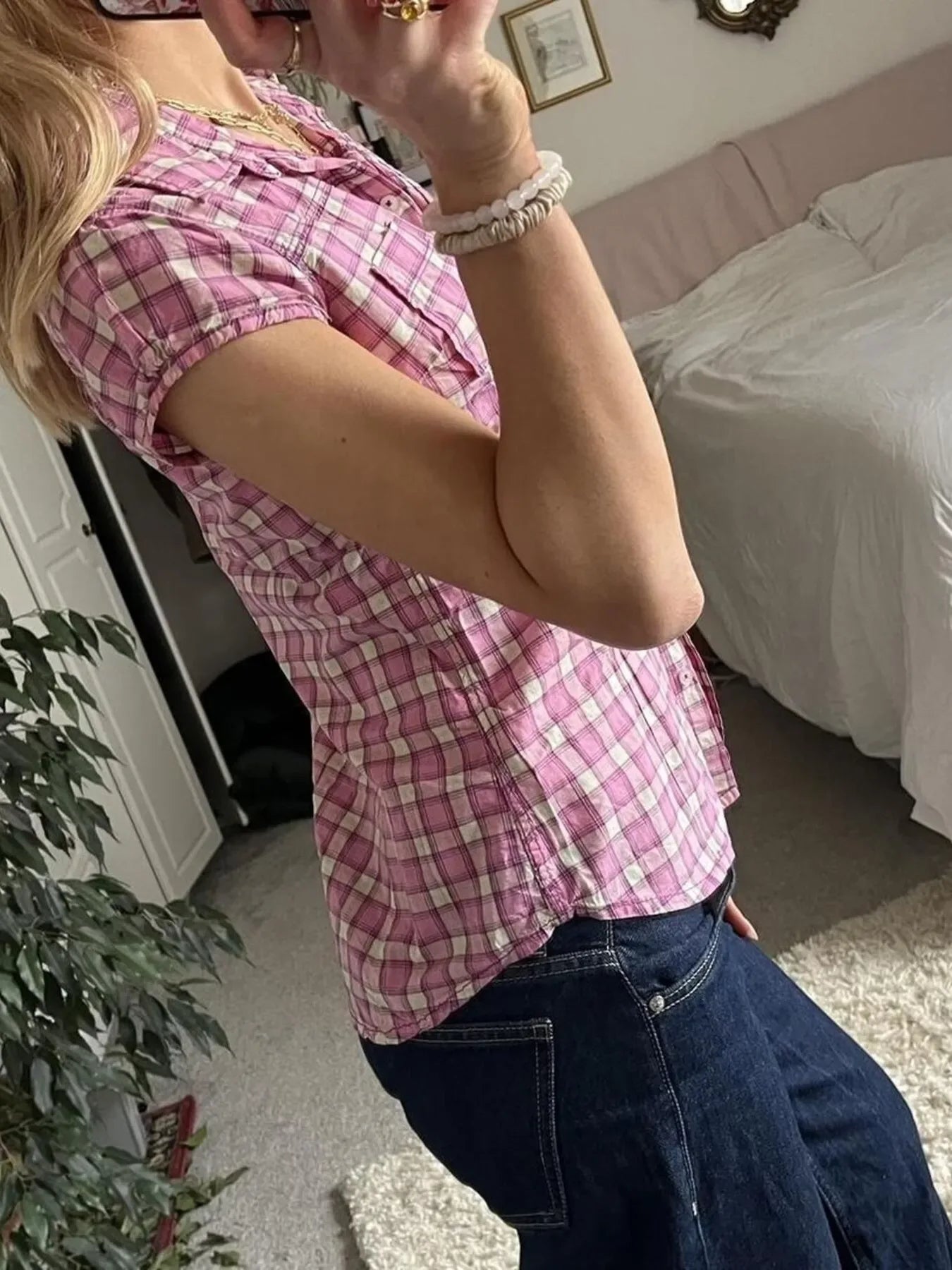 Plaid Cap Sleeve Button-Up Shirt - Makw Official Site