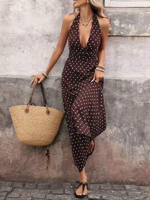 Halter Neck Polka Dot Maxi Dress - Makw Official Site
