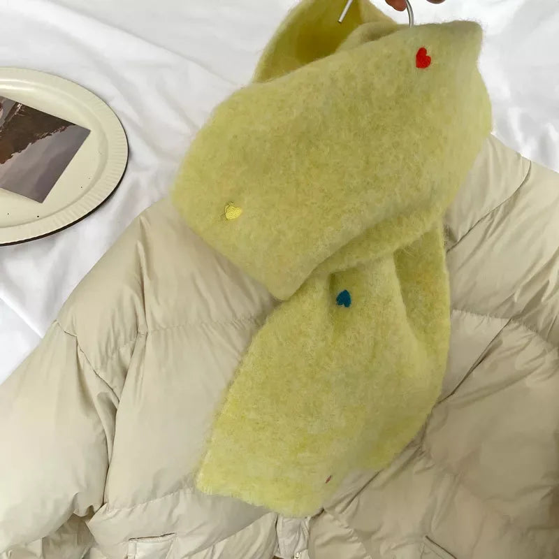 Heart-Embellished Fuzzy Knit Scarf - Makw Official Site