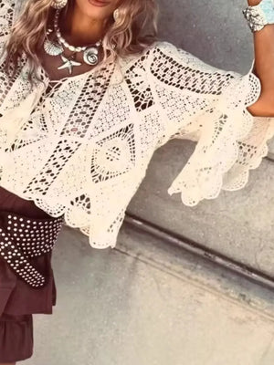 Tassel V-Neck Crochet Knit Top - Makw Official Site