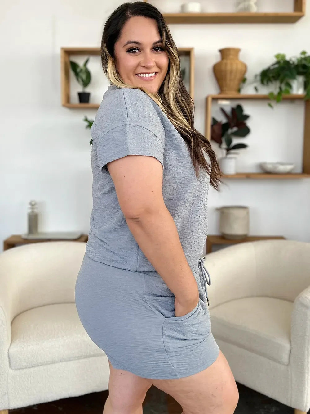 Double Take Full Size Texture Short Sleeve T-Shirt and Drawstring Shorts Set - Makw Official Site