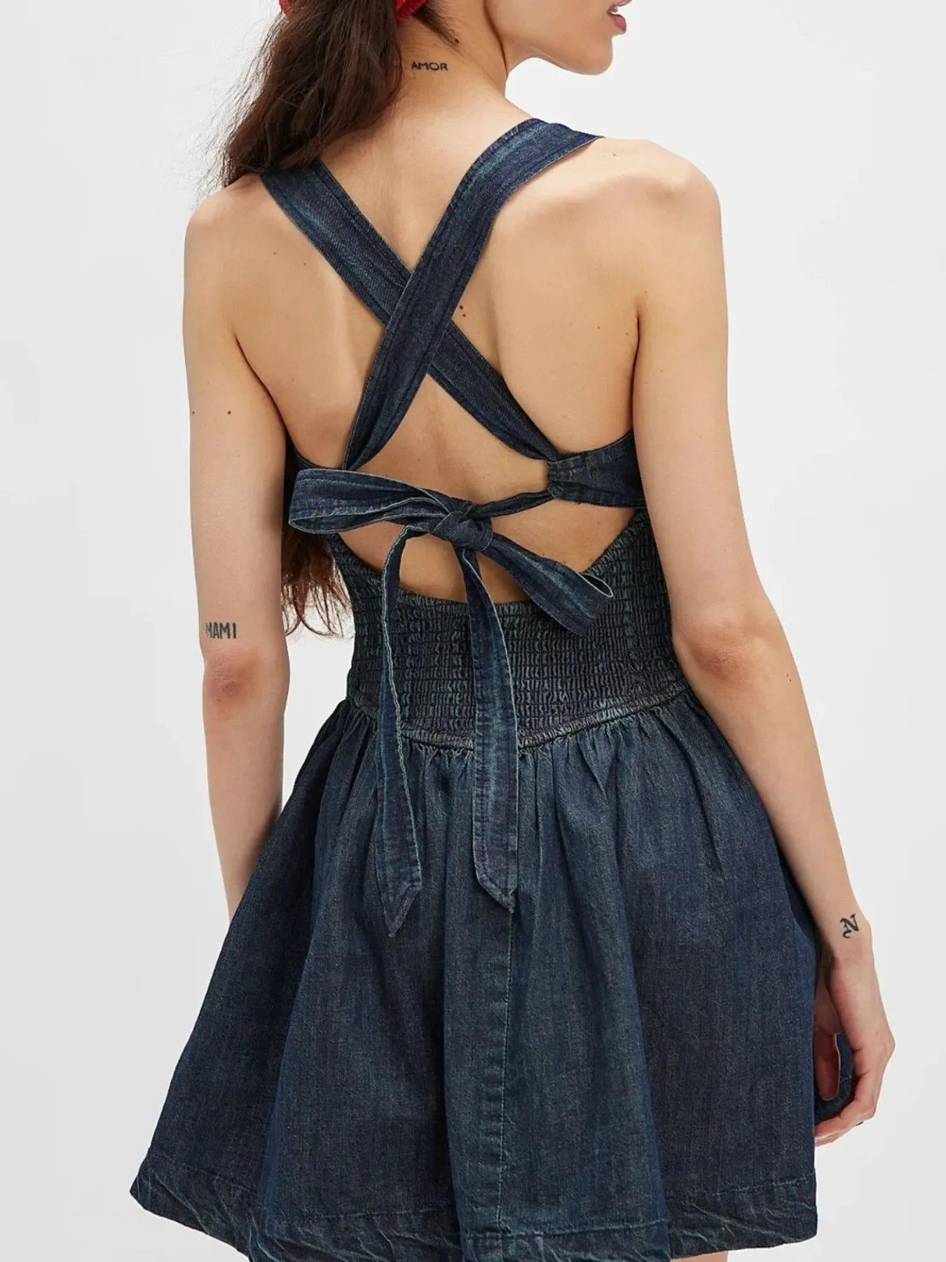 Smocked Crisscross Back Denim Mini Dress - Makw Official Site