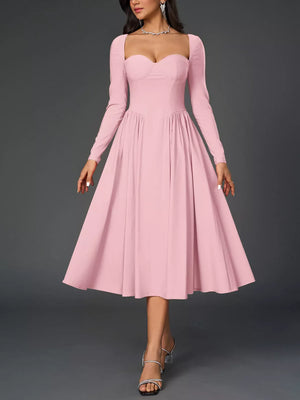 Sweetheart Neckline Long Sleeve A-Line Midi Dress - Makw Official Site