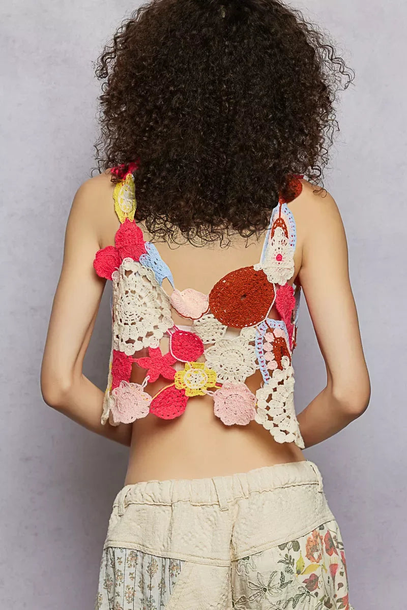 POL Openwork Floral Cropped Crochet Cami - Makw Official Site