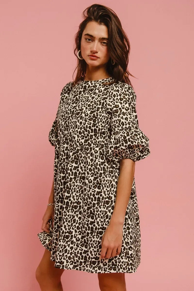 BiBi Leopard Denim Dress With Back Contrast Tie Detail - Makw Official Site