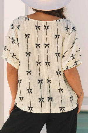 Bow Print Short Sleeve Top - Makw Official Site