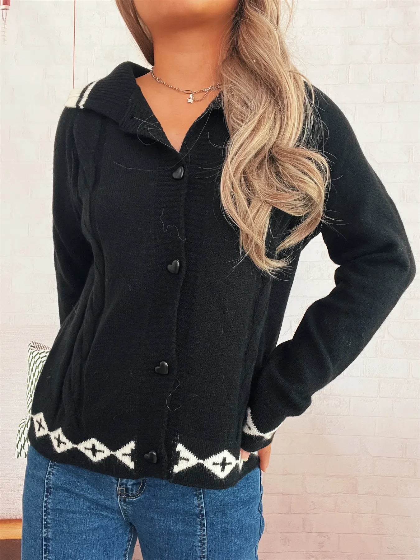 Heart Button Long Sleeve Cardigan - Makw Official Site