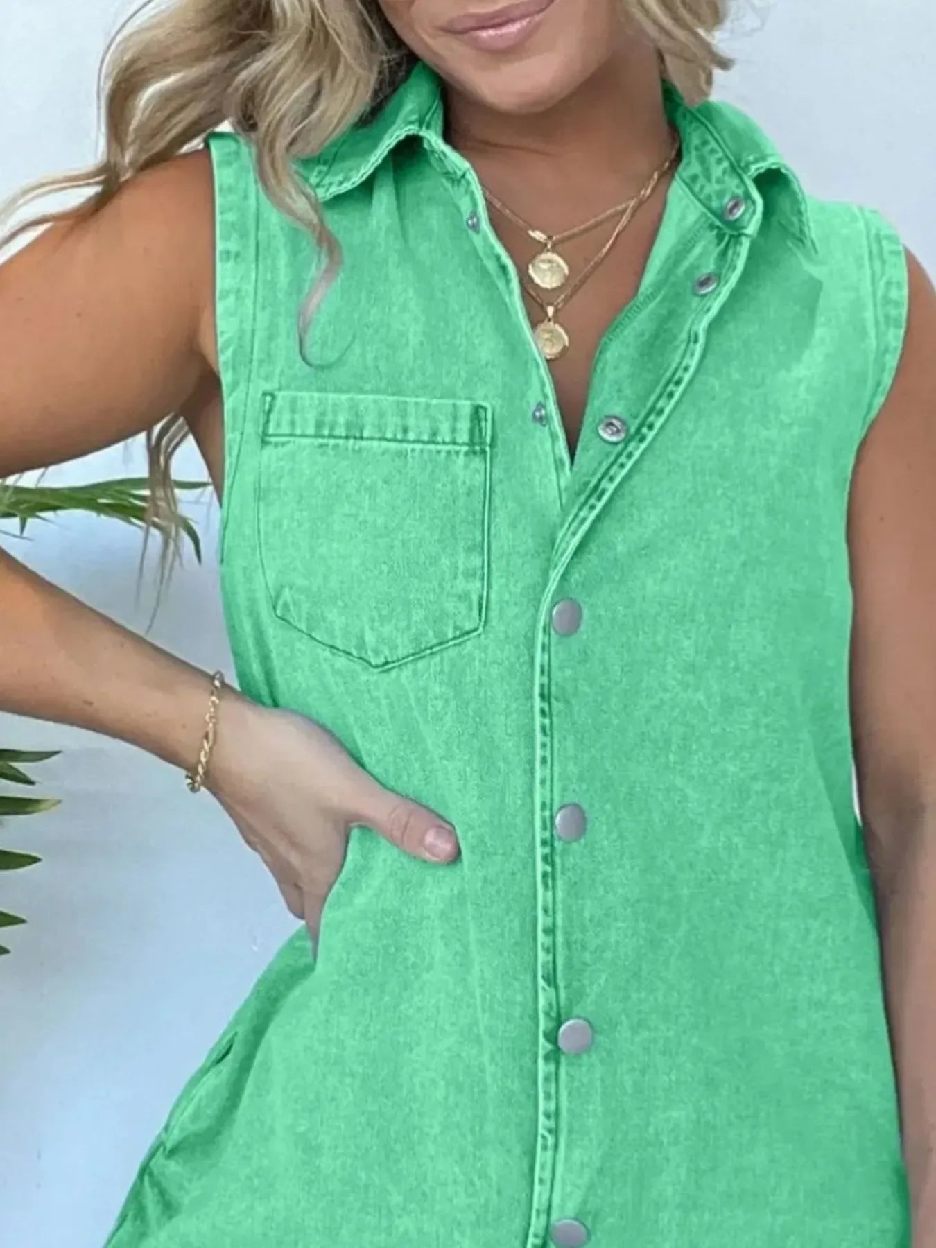 Button Front Sleeveless Denim Romper - Makw Official Site