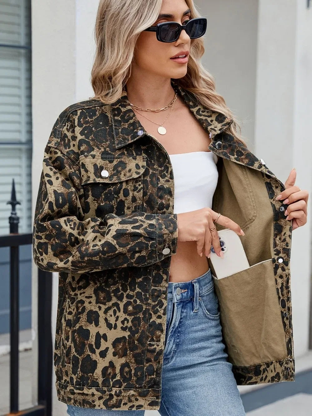 Pocketed Leopard Long Sleeve Denim Jacket - Makw Official Site