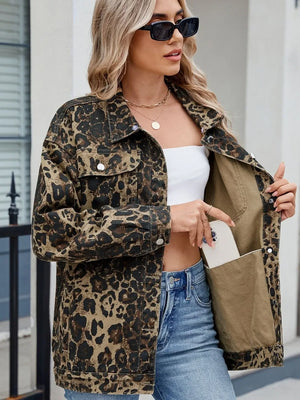 Pocketed Leopard Long Sleeve Denim Jacket - Makw Official Site