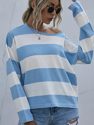 Striped Casual Long Sleeve Knit Top - Makw Official Site