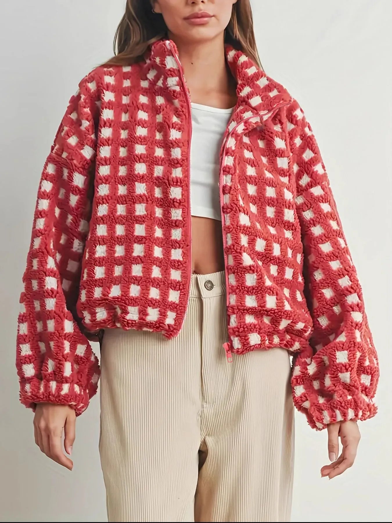 Fleece Checkered Puff Sleeve Bomber Jacket - Makw Official Site