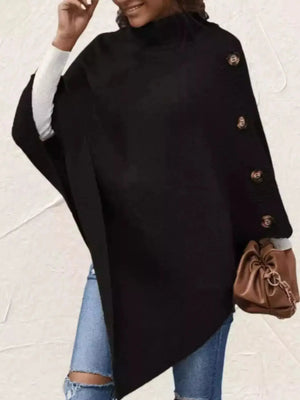 Button-Decor Turtleneck Poncho Pullover - Makw Official Site