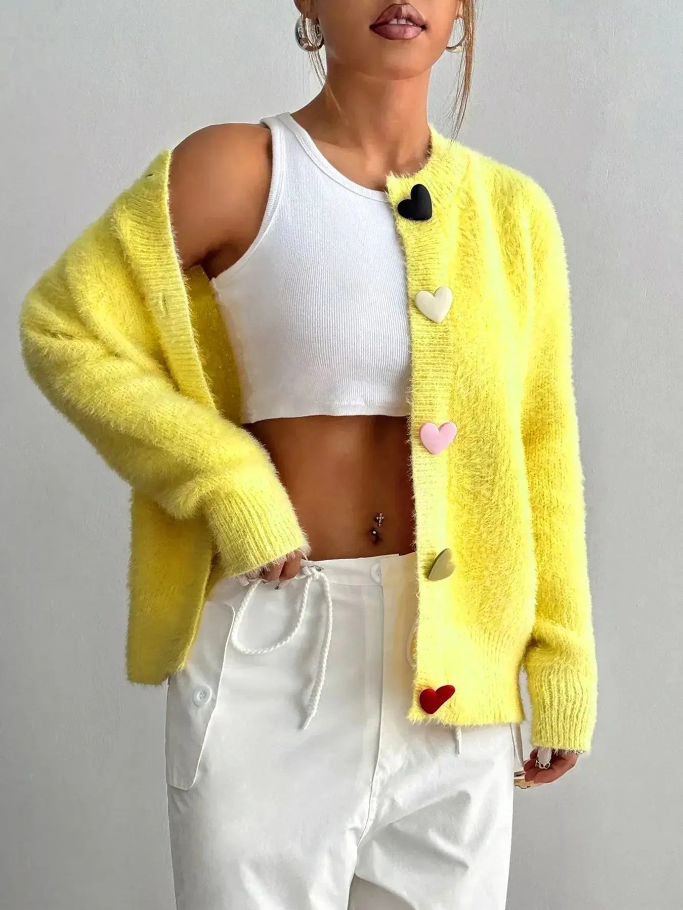 Heart Button Fuzzy Cardigan - Makw Official Site
