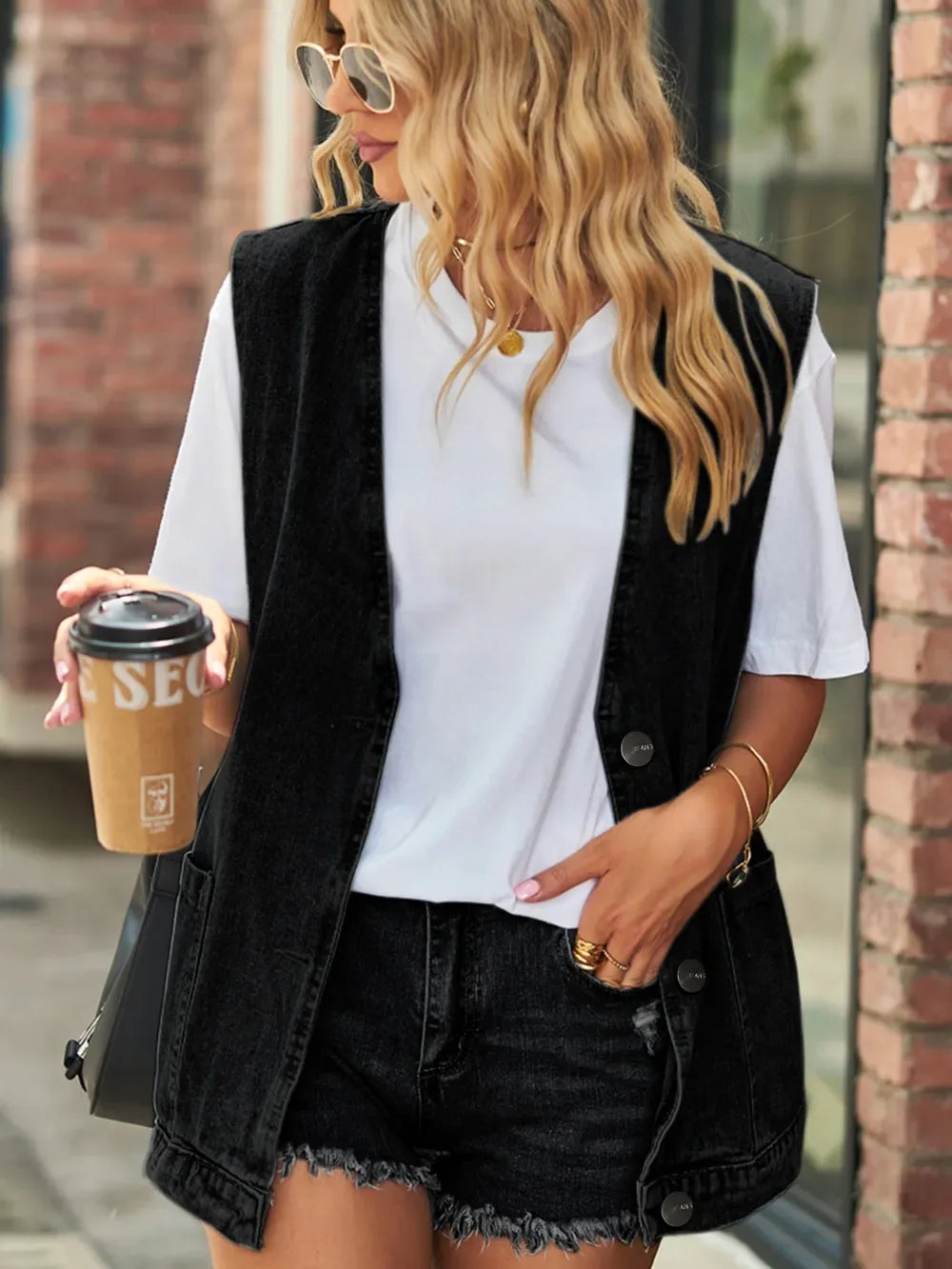 Full Size V-Neck Button Up Denim Vest - Makw Official Site