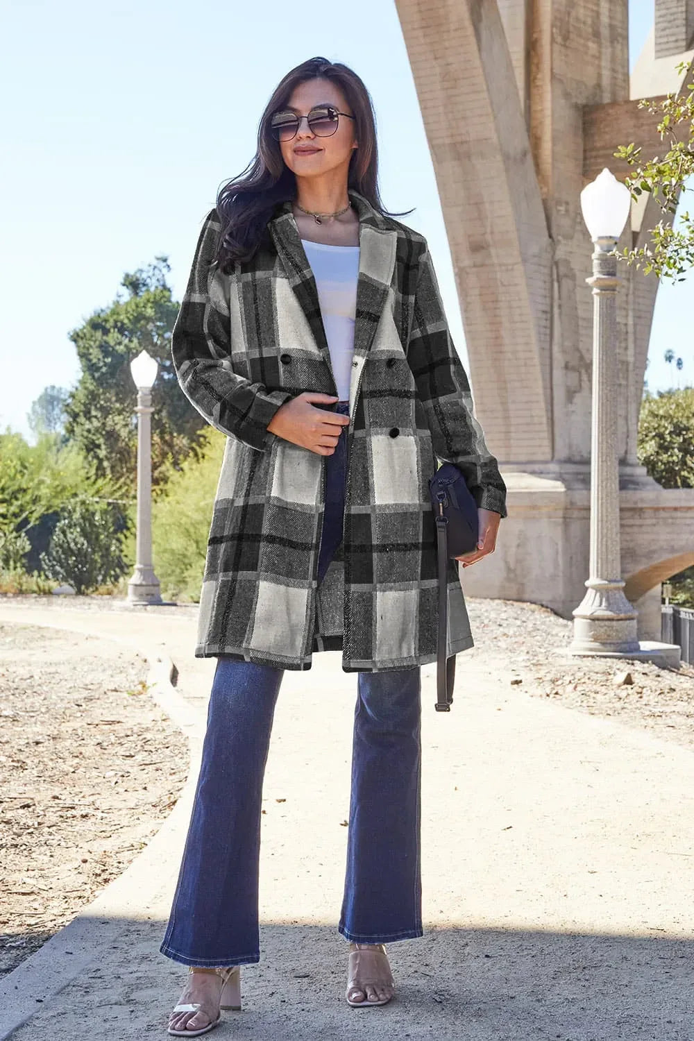 Double Take Full Size Plaid Button Up Lapel Collar Coat - Makw Official Site