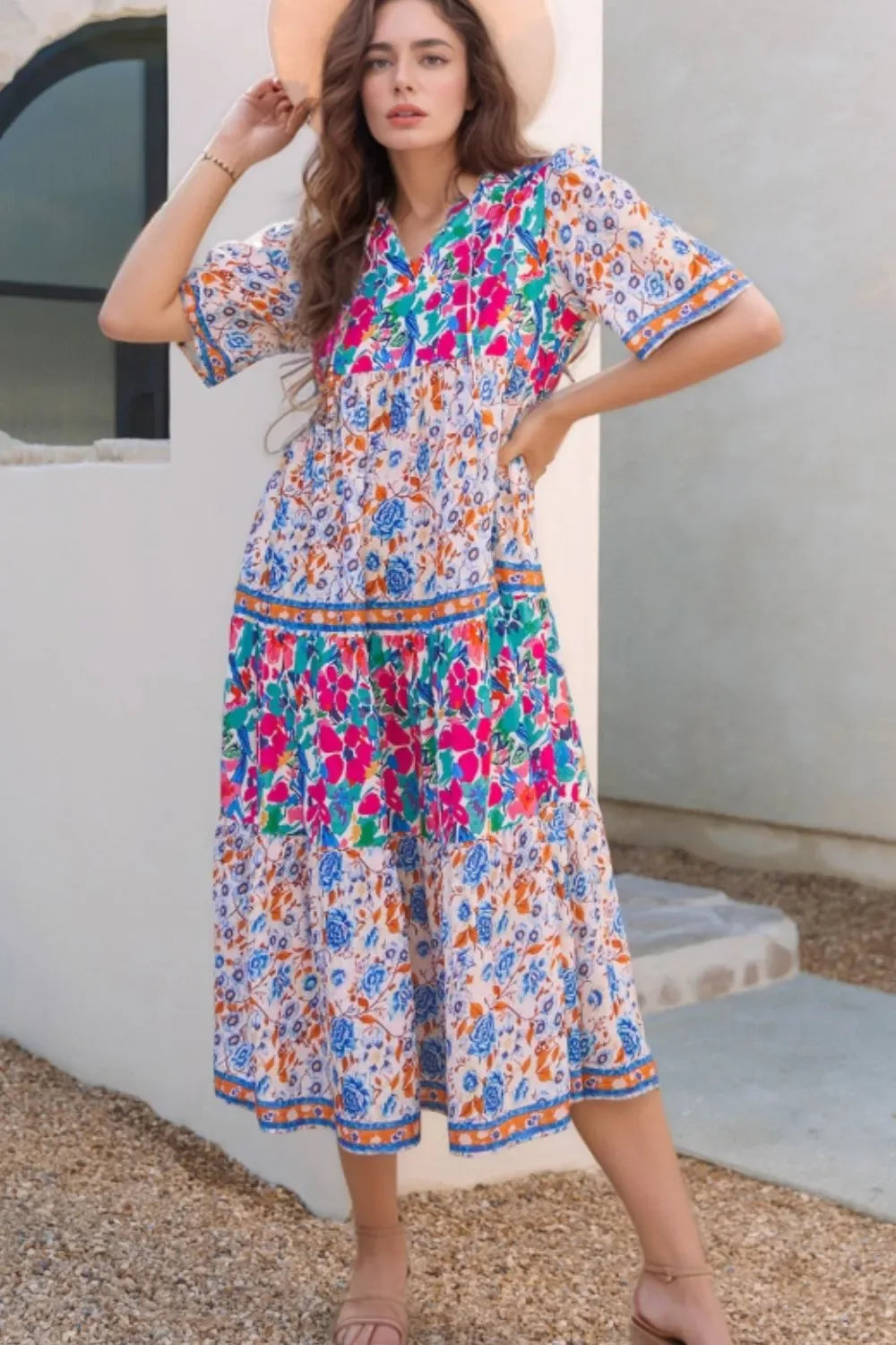 Mixed Floral Print Tie Neck Short Sleeve Dress - Makw Official Site