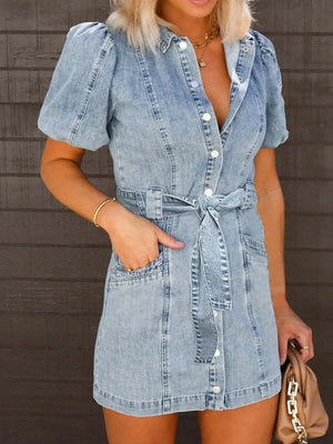 Puff Sleeve Button Up Mini Denim Dress - Makw Official Site