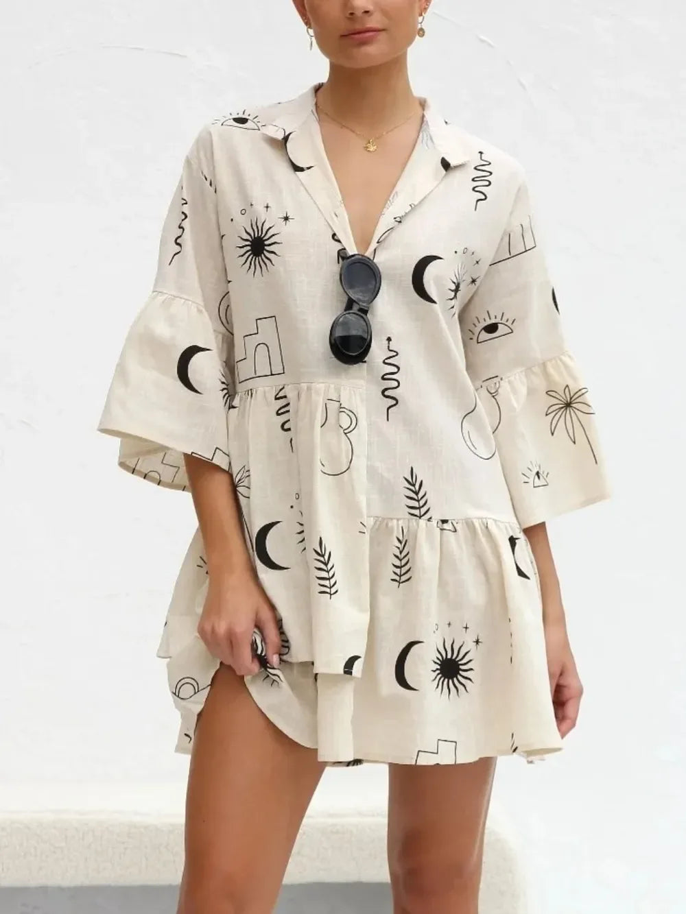Printed Collared Neck Three-Quarter Sleeve Mini Dress - Makw Official Site