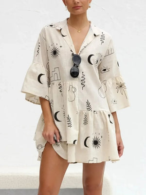Printed Collared Neck Three-Quarter Sleeve Mini Dress - Makw Official Site
