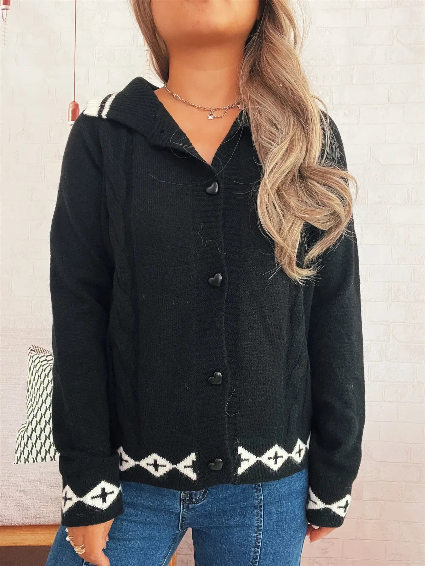 Heart Button Long Sleeve Cardigan - Makw Official Site