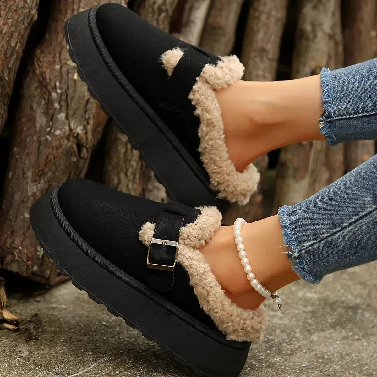 Fuzzy Trim Buckle Platform Slippers - Makw Official Site