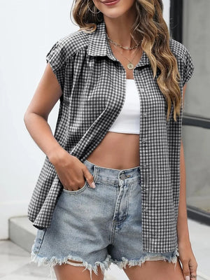 Plaid Button Up Cap Sleeve Shirt - Makw Official Site