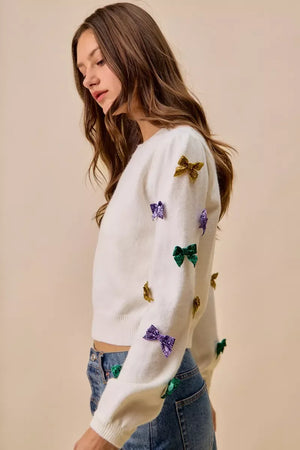 SO ME Mardi Gras Glitter Bow Ribbon Sweater Knit Top - Makw Official Site