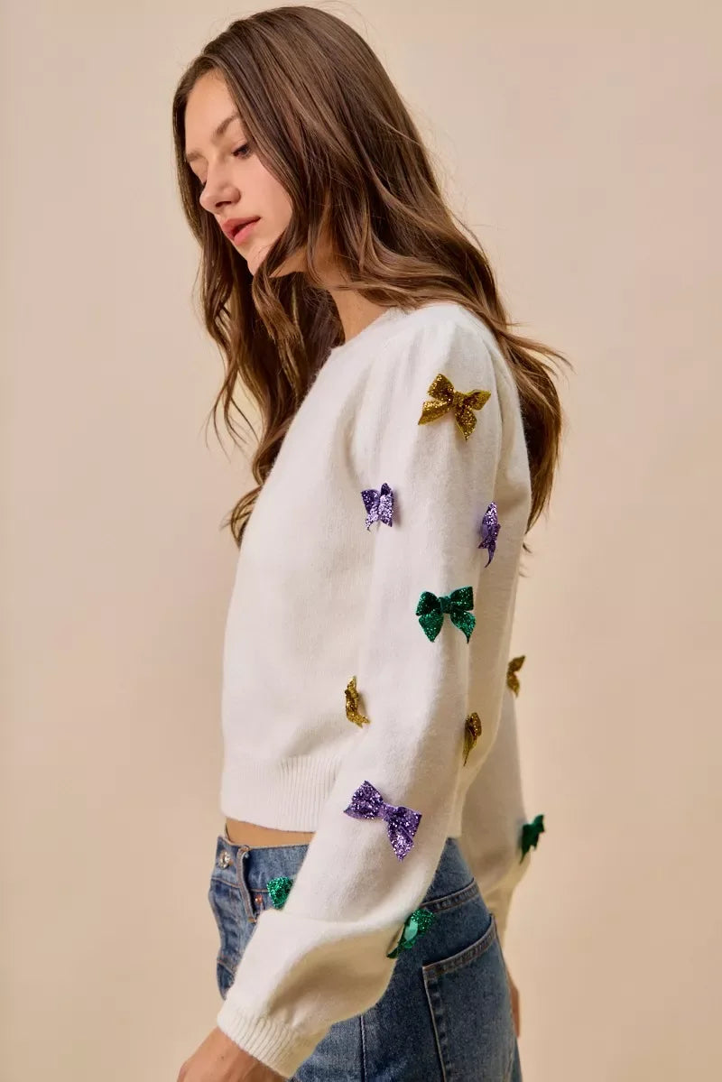 SO ME Mardi Gras Glitter Bow Ribbon Sweater Knit Top - Makw Official Site