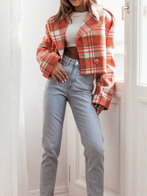 Lapel Collar Plaid Cropped Jacket - Makw Official Site