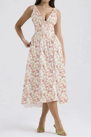 Floral V-Neck Sleeveless Midi Dress with Pockets - Makw Official Site