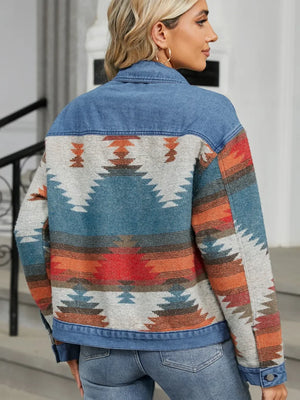 Geometric Button Up Long Sleeve Denim Jacket - Makw Official Site