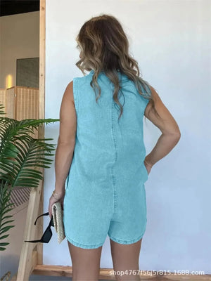 Button Front Sleeveless Denim Romper - Makw Official Site