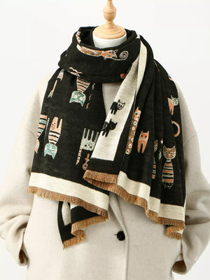 Cute Cat Pattern Raw Hem Scarf - Makw Official Site