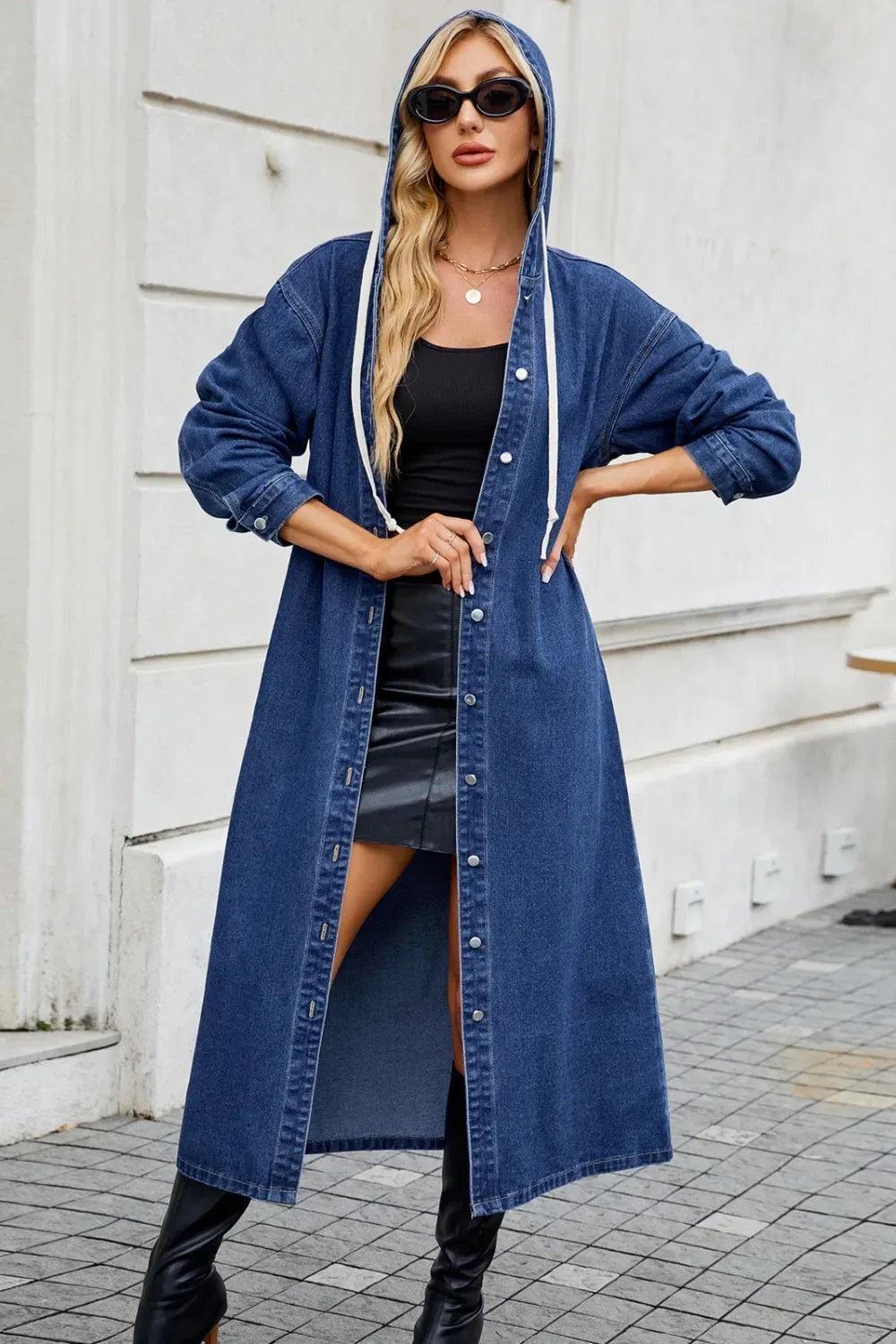 Button Up Long Sleeve Longline Hooded Denim Outerwear - Makw Official Site