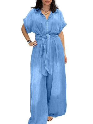 Button Front Wide Leg Denim Jumpsuit - Makw Official Site
