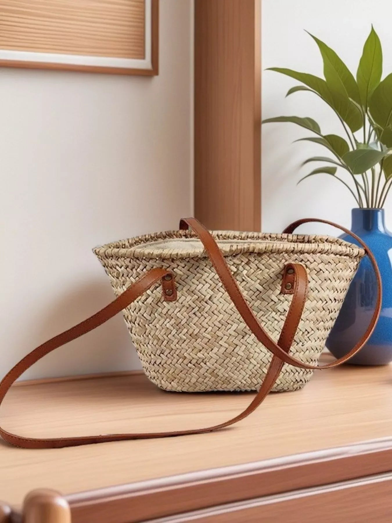 Woven Straw Shoulder Bag with Leather Accents - Makw Official Site