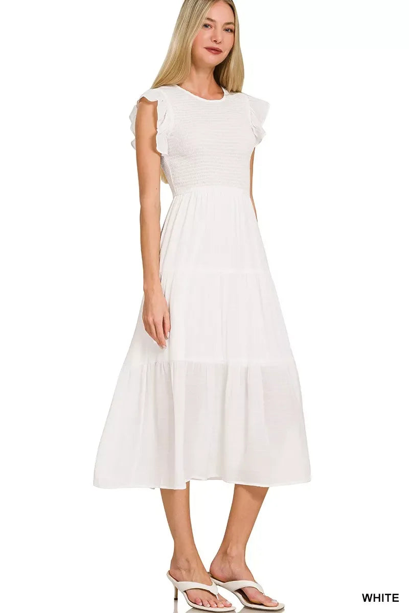 Zenana Woven Smocked Ruffle Sleeve Midi Dress - Makw Official Site