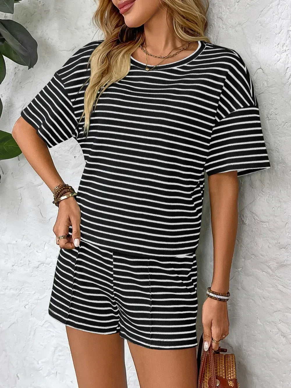 Striped Round Neck Short Sleeve Top and Shorts Set - Makw Official Site