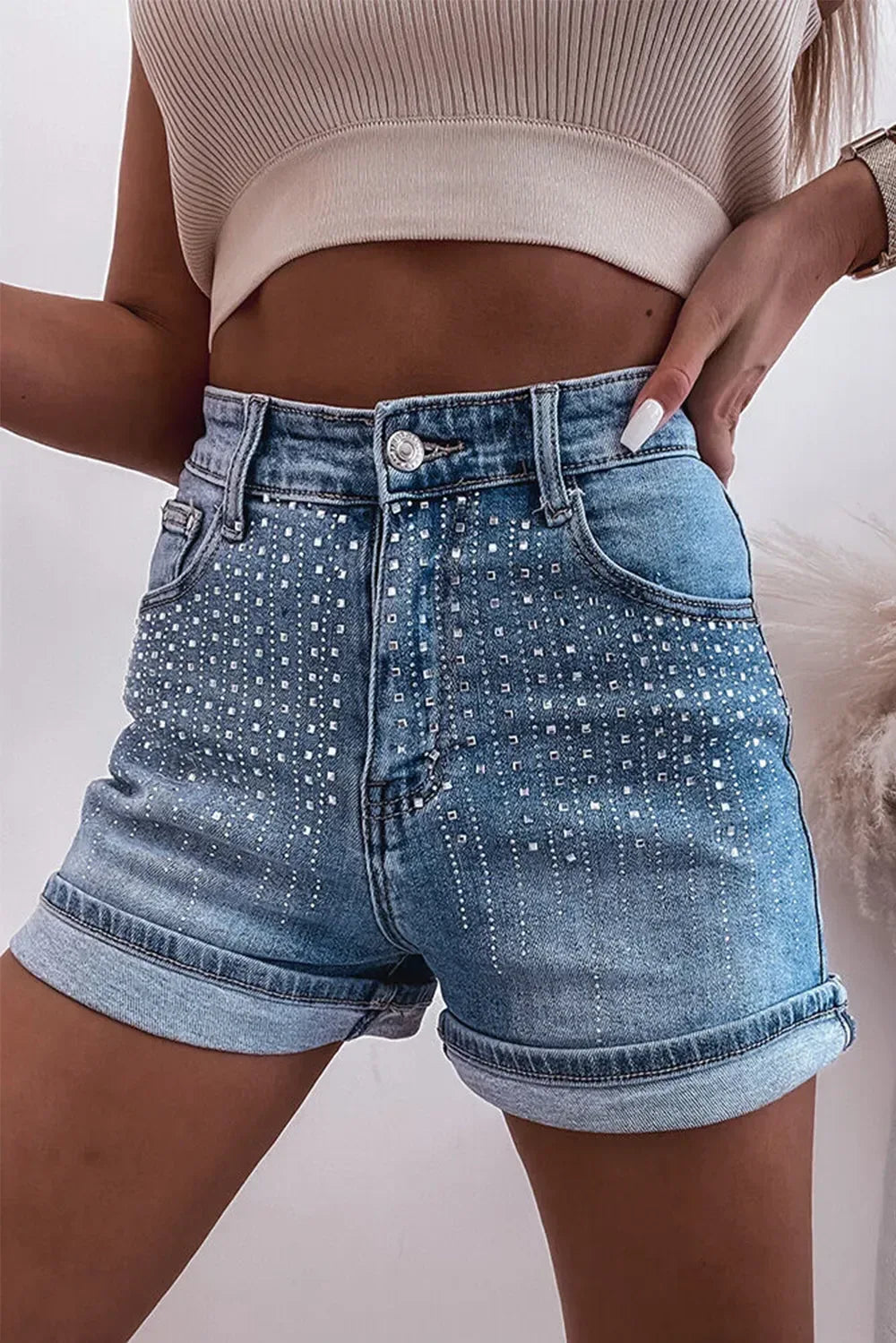 Rhinestone High Waist Denim Shorts - Makw Official Site