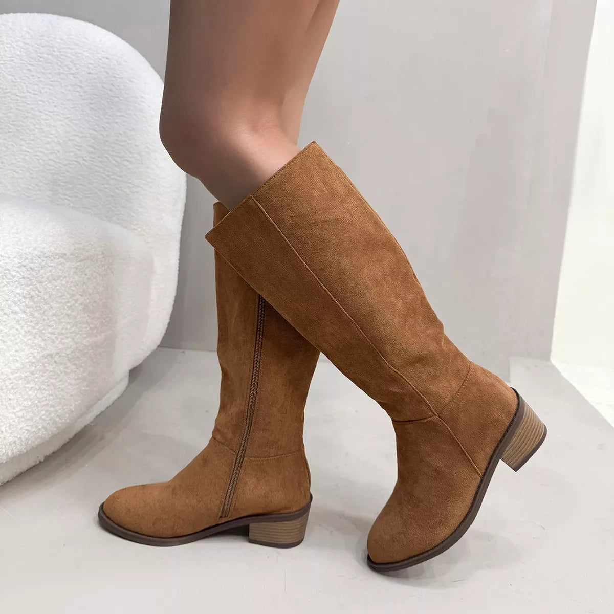 Side Zipper Closure Suede Knee-High Boots - Makw Official Site