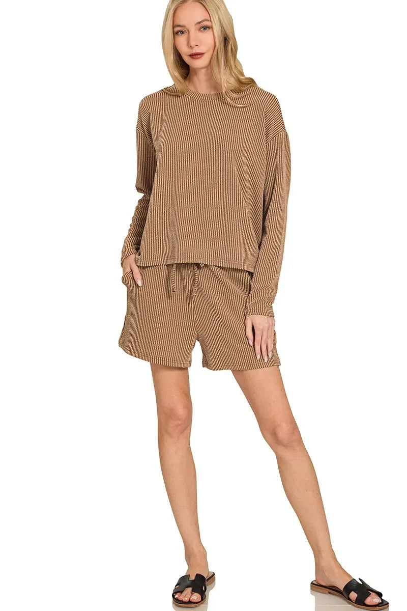 Zenana Corded Rib Long Sleeve Tee and Shorts Set - Makw Official Site