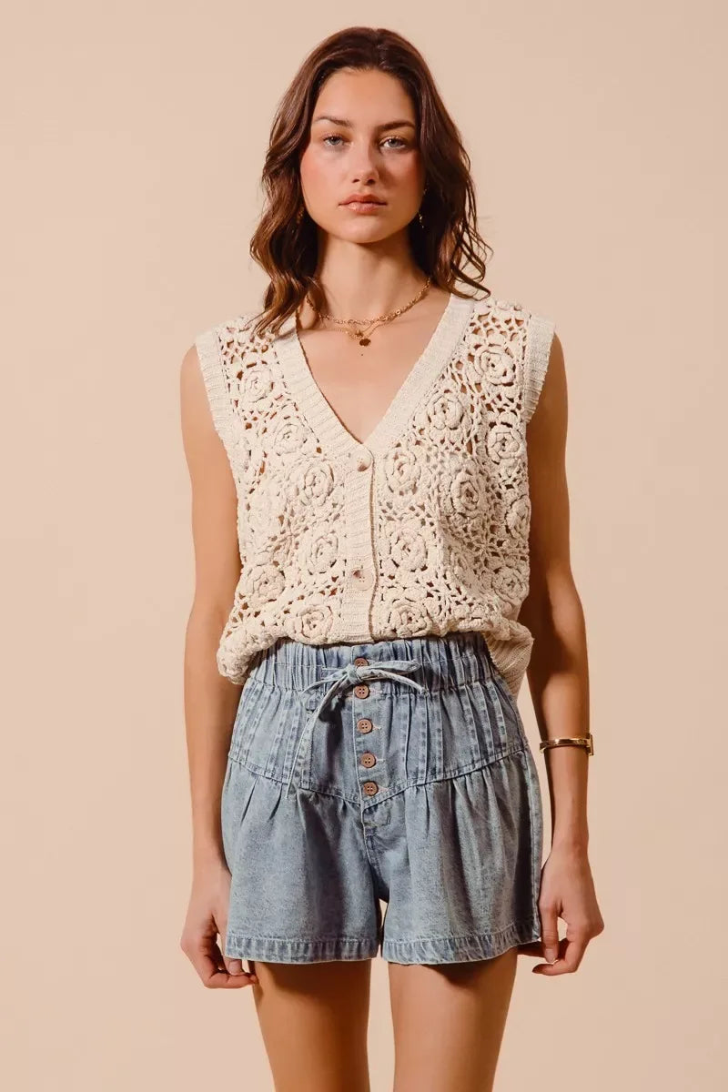 SO ME Flared Denim Shorts with Elasticized Waist - Makw Official Site