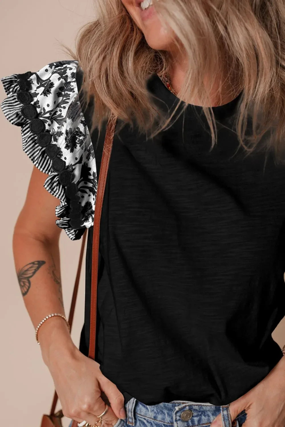 Round Neck Printed Ruffled Cap Sleeve Blouse - Makw Official Site